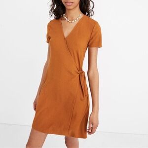 Madewell Texture & Thread Short Sleeve Side Tie Faux Wrap Brown Dress